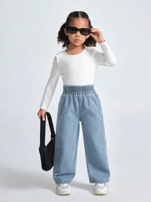 SHEIN Explorewe 年轻女孩简约碎花后口袋紧身喇叭牛仔裤 - 淺色水洗藍 - 查看 5