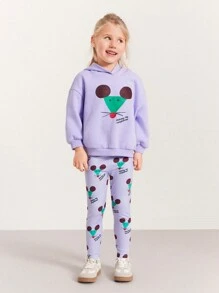 SHEIN Áo nỉ dài tay cổ tròn in hình chú chuột dễ thương cho bé gái, thích hợp cho mùa thu đông - Màu tím - Xem 3