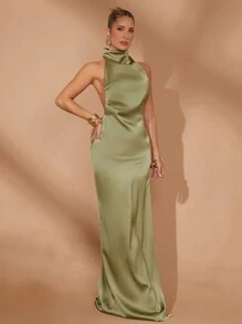 Lumalex 冬季春季情人节节日聚会宴会婚礼女士褶皱收腰直筒长裙 - 橄欖綠 - 查看 7