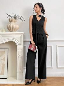 EastFlair 女士无袖口袋简约休闲中式背心 - 黑色 - 查看 4