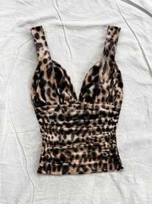 Soleia Casual Romantic Vacation Tie-Up Straps Ruched Slim Fit Leopard Print Tank Top - Multicolor - View 2