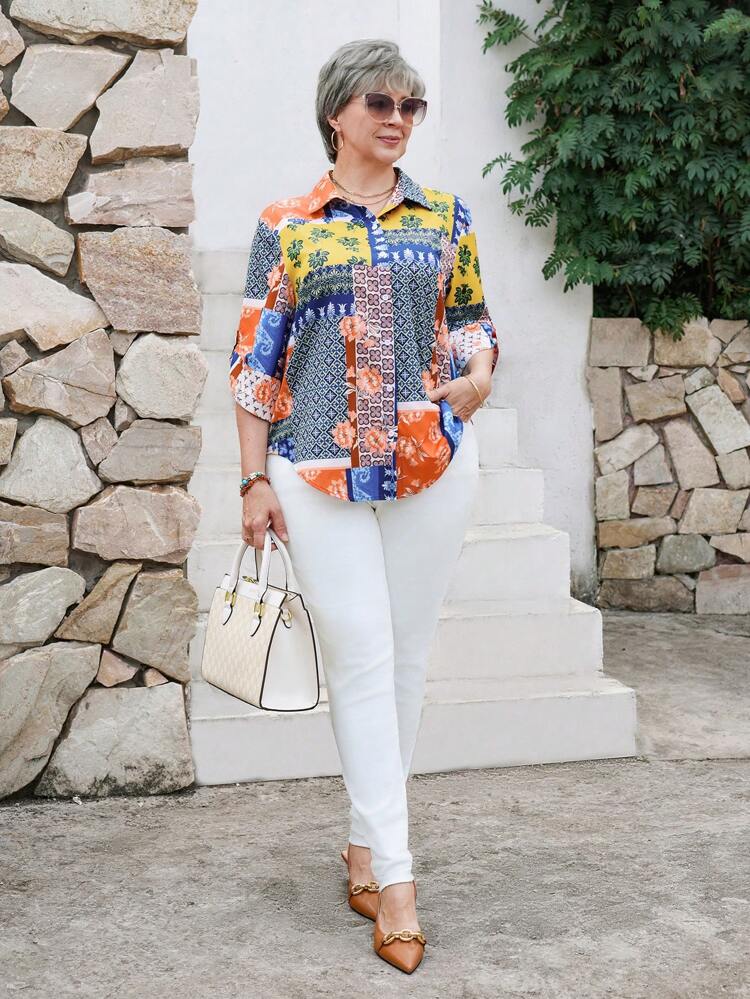 Plus Size Women Floral Print 3,4 Sleeve Single-Breasted Casual Shirt Vacation Woman Spring Summer