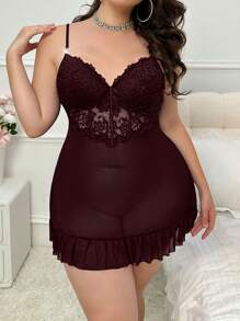 Slumberist مجموعة من الفانيلة الليلية والرداء الشبكي ذو الأكمام المنفرجة بخطوط شنكار مفتوحة للمقاسات الكبيرة - لون كستنائي - مشاهدة 5