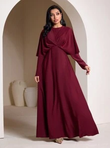 Veilorie Women's Elegant Solid Color Batwing Sleeve Extra Long Arabian Dress Modest - Burgundy - View 7