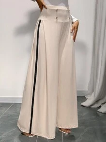 SHEIN Clasi Pantalon casual ample en couleur unie avec patchwork et boutons devant pour femme - Kaki - Voir 3