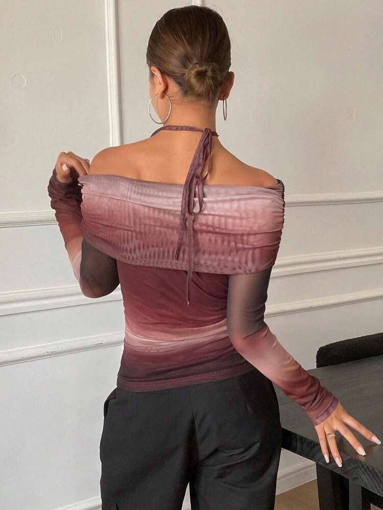 Ombre Mesh Off Shoulder Long Sleeve Fitted Blouse, Spring & Summer Vacation Wear For Women Festival,Fall Clothes