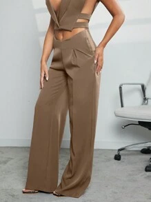 Hauture 秋季女士纯色板岩蓝色休闲直筒低腰棕色裤子，带口袋。适合办公室穿着、商务休闲装、正式女装、外出和日常穿着 - 卡其色 - 查看 3