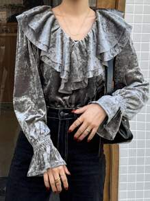 FRIFUL Blouse à volants grise avec manches évasées pour femmes, Top à manches longues pour la Saint-Valentin