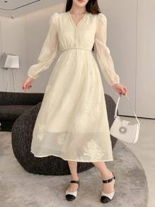 DAZY Vestido de manga abullonada con cuello en V y encaje de contraste, vestido de otoño para mujer