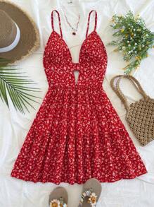 Soleia Vestido casual de vacaciones con tirantes finos, escote en V y espalda descubierta, con lindo estampado floral rojo en fondo blanco