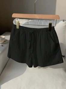 Comfortcana 女式黑色系带腰口袋宽松休闲短裤 - 黑色 - 查看 7