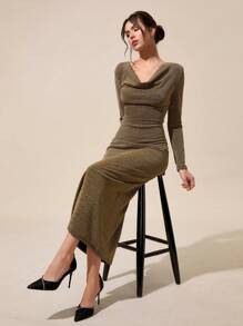RueChic Glamorous Shinny Gold Lurex Cowl Neck Long-Sleeve Maxi Dress