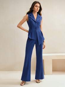 Anewsta 女士无袖翻领不对称西装外套和阔腿裤两件套，夏季新年装 - 藍色 - 查看 6