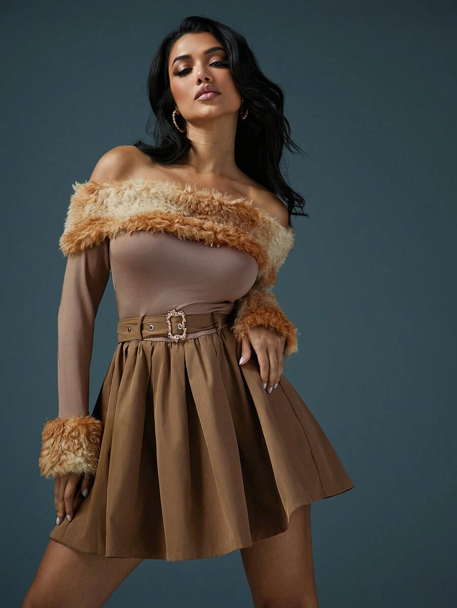 Denimoi Women Furry Patchwork Off Shoulder Minimalist Mini Dress - Brown - View 1