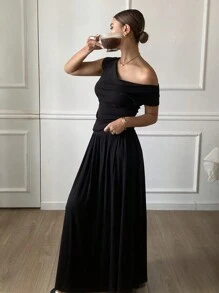 DAZY 2pcs/Set Women Solid Color Cold Shoulder Short Sleeve T-Shirt & Skirt Set, Spring & Summer Vacation - Black - View 7