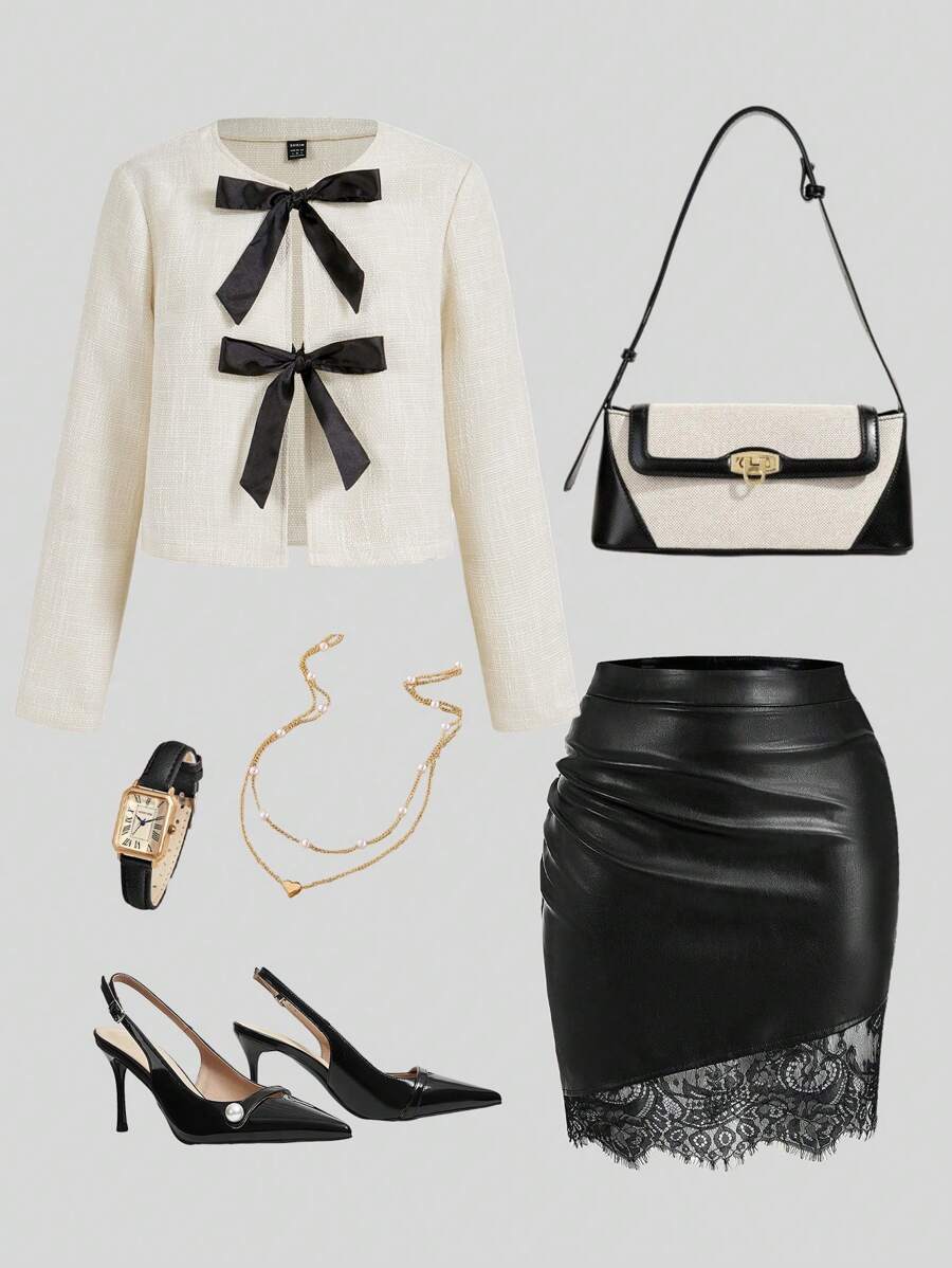 Ellevyn Women's Regular Fit Short Back To School Frenchy Fall Old Money Style Teacher Clothes Coat With Thick Bowknot And Glossy Finish, Apricot - Black and White - View 1