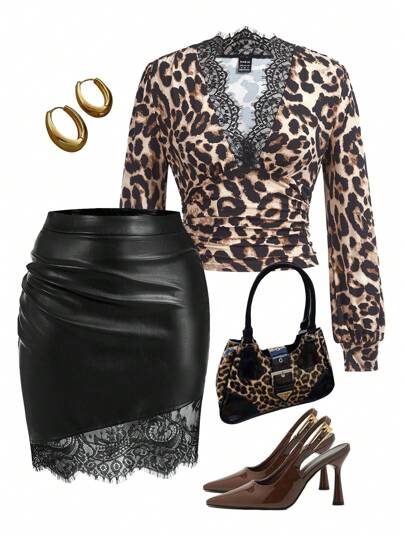 Ellevyn Falda de verano para mujer con cintura fruncida, encaje y parches de piel sintética combinados