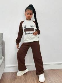 Pantalones rectos con estampado en inglés de estilo callejero informal para niñas preadolescentes, adecuados para salir diariamente, estilo callejero, primavera/otoño - Marrón - Ver 1