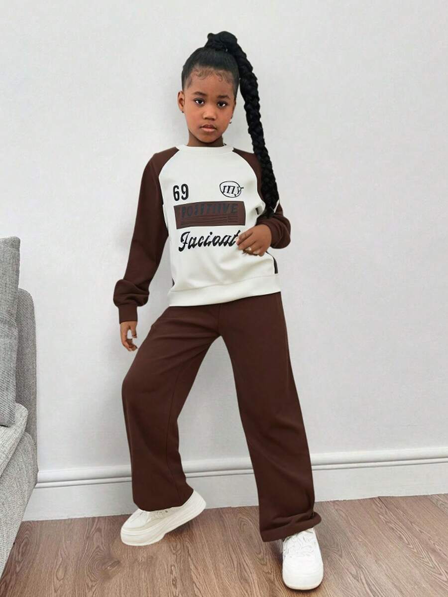 Pantalones rectos con estampado en inglés de estilo callejero informal para niñas preadolescentes, adecuados para salir diariamente, estilo callejero, primavera/otoño - Marrón - Ver 1