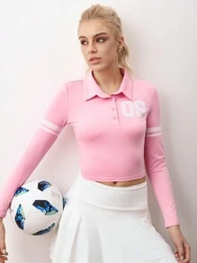 SHEIN Unity 女士正面纽扣长袖数字印花运动 T 恤和背心，适合情人节 - 粉色 - 查看 4