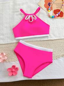 Spring/Summer Bikini Set, Minimalist Fashion Style, Fuchsia & White, Floral Petal Cutout Neckline, Tween Girls Fuchsia-White Contrast Floral Cutout Neck Two-Piece Bikini Set, Stylish Casual Elegant Suitable For Swimming, Vacation, Summer