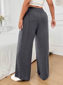 Flirla Plus Size Women's Loose Fit Drawstring Waist Casual Wide Leg Pants - Grey - View 2