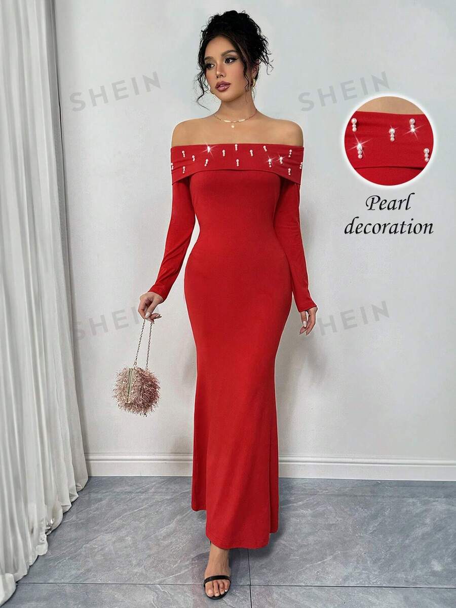 Chiquease Vestido largo elegante de mujer con hombros descubiertos, con aplicación de cuentas, ajustado, para Año Nuevo, fiestas, otoño/invierno, unicolor