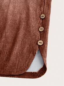 EMERY ROSE Denim Effect Printed Elastic Waist Button Detail Slit Hem Capri Leggings Summer - Redwood - View 5