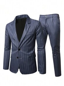 Calvornis Men's Flat Collar Long Sleeve Striped Minimalist Shirt & Pants Suit Set