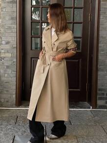 DAZY Plaid Patchwork Double-Breasted Loose Mid-Length Trench Coat,Fall Clothes - Khaki - View 7