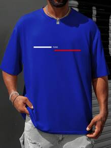 Manfinity Homme Plus Size Men's Casual Simple Letter Print Short Sleeve T-Shirt - Blue - View 1