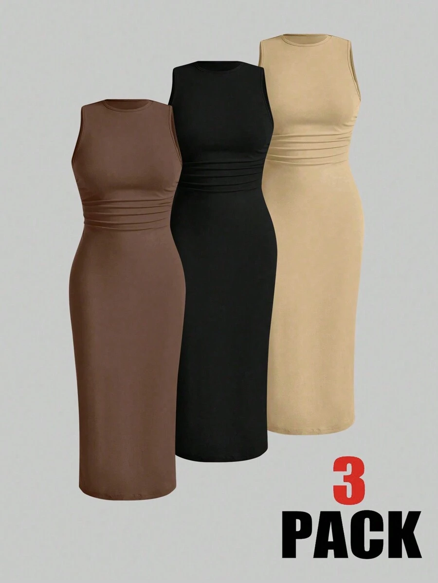 SHEIN Unity Plus Size Women Elegant Three-Color Set Waist Ruffle Round Neck Tank Dress, Versatile Dress - Multicolor - View 1