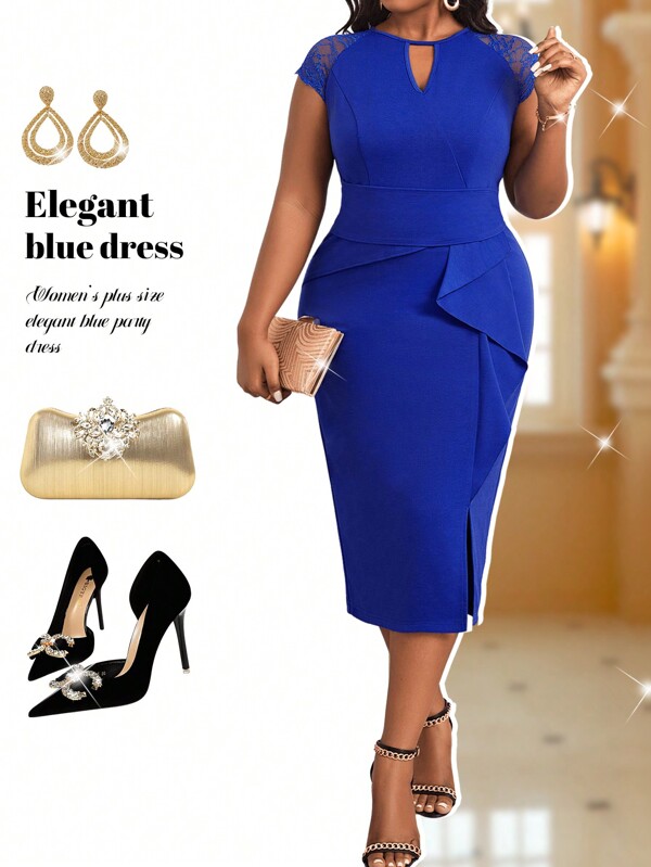 Fleurora Plus Size Women's Elegant Business Casual Commute Lace Spliced Slit Dress, Teacher Uniform Homecoming Dresses Teacher Dress Lace Dress Four Seasons