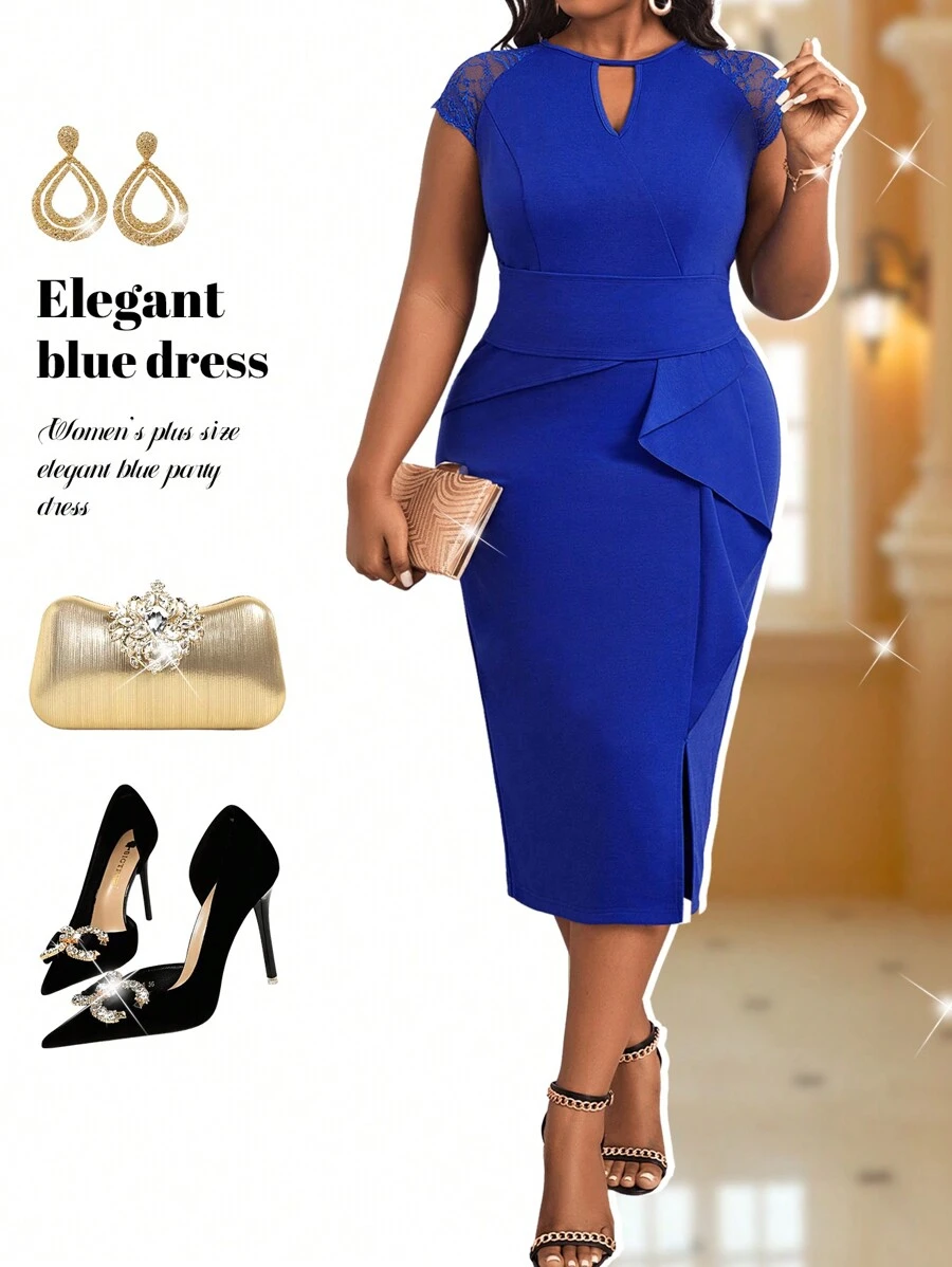 Fleurora 大码女士优雅商务休闲通勤蕾丝拼接开衩连衣裙，教师制服返校节连衣裙教师连衣裙蕾丝连衣裙四季