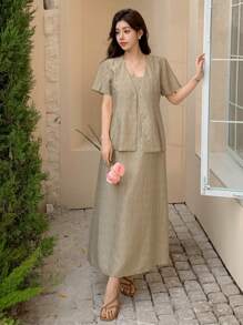 DAZY 女士休闲纯色短袖外套和连衣裙两件套商务套装