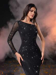 Glamrae Váy đuôi cá tay lệch đính đá đen thanh lịch, phù hợp cho tiệc tối của phụ nữ, dạ tiệc trang trọng - màu đen - Xem 2