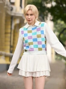SHEIN Unity Women Colorful Plaid Mosaic Sweater Vest, Spring,Geometric Pattern - Multicolor - View 3