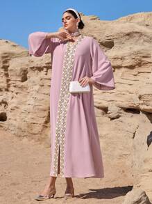 Al Najma Women's Elegant Embroidery Decor Flared Sleeve Arabic Style Long Dress Kaftan Jalabiya Dress - Pink - View 5