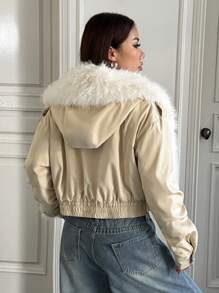 SHEIN EZwear 女士纯色前开襟长袖休闲羽绒服，冬季 - 卡其色 - 查看 2
