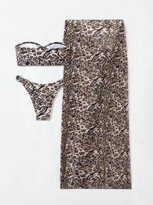 SHEIN Swim Summer 3pcs Set Fashionable Leopard Pattern Women Bikini Set With Metal Ring Decorated Bikini With Beach Mesh Printed Coverup