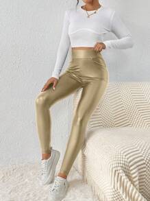 SHEIN Frenchy Solide PU leren bodycon zwarte legging