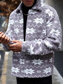 Manfinity Homme Men's Autumn And Winter Reversible Plush Warm INS Western Cowboy-Style Gray Shirt Jacket With Geometric Pattern Print, Featuring A Turn-Down Collar And Button Closure. Stylish And Cozy, Perfect For Layering In Colder Weather! Winter Men Jacket ,Thermal Shirts ,Fall And Winter Men Clothes