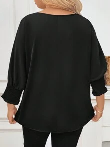 Plus Size Solid V-Neck Pullover Top, Casual Everyday Wear - Black - View 2