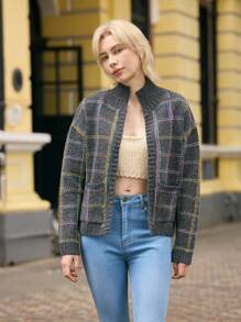 Skyraze Women's Plaid Cardigan With Pockets, Long Sleeve Casual Top For Daily Wear,Geometric Pattern - Dark Grey - View 1