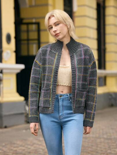 Skyraze Cárdigan a cuadros con bolsillos para mujer, blusa casual de manga larga para uso diario, con estampado geométrico