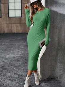 SHEIN Clasi 女士纯色圆领长袖镂空简约毛衣连衣裙，休闲