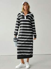 Hanevo 秋季女士黑白条纹休闲连衣裙 - 彩色 - 查看 6