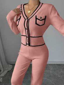 Elenzga 2pcs/Set Casual Color Block Trim Cardigan Sweater & Pants Set, Autumn/Winter - Pink - View 4