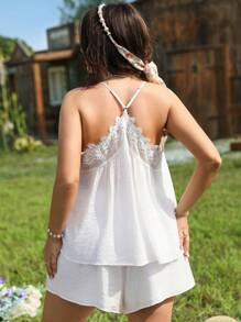 SHEIN LUNE Bộ 2 quần yếm ren dệt vá cỡ lớn cho ngày lễ tình nhân dành cho nữ mùa xuân/hè thường ngày, váy làm mát, trang phục giải tỏa căng thẳng, váy dài thanh lịch, trang phục mặc ở nhà thời trang - trắng - Xem 2