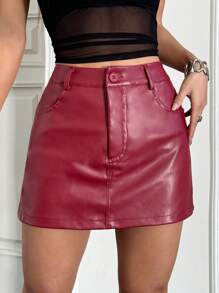 SHEIN EZwear 女士纯色前扣口袋简约休闲 PU 铅笔裙 - 酒紅色 - 查看 1